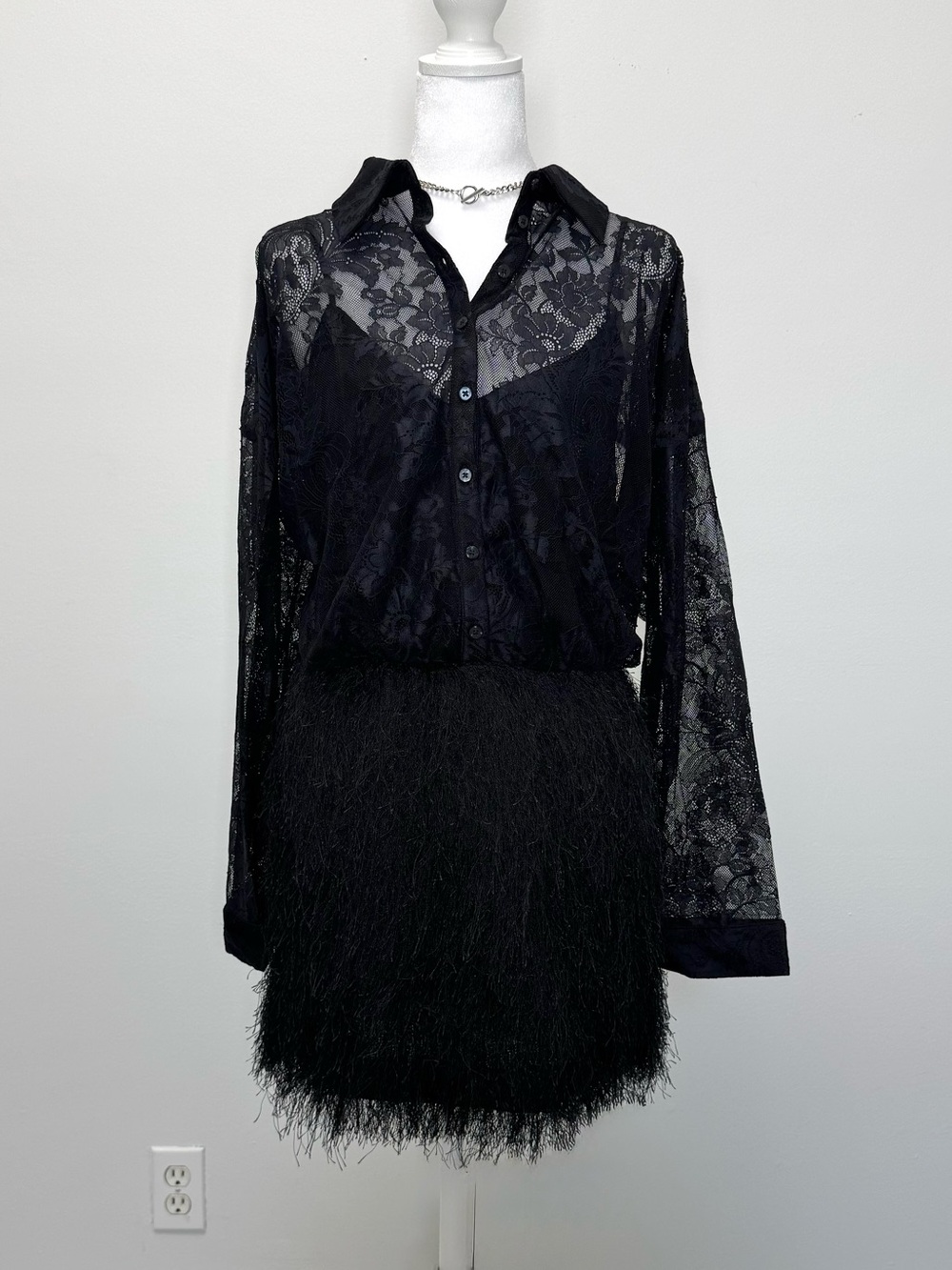 Anthropologie Glam Fringe Lace Twofer Mini Party Dress NWT LBD XL Romantic - Picture 6 of 9